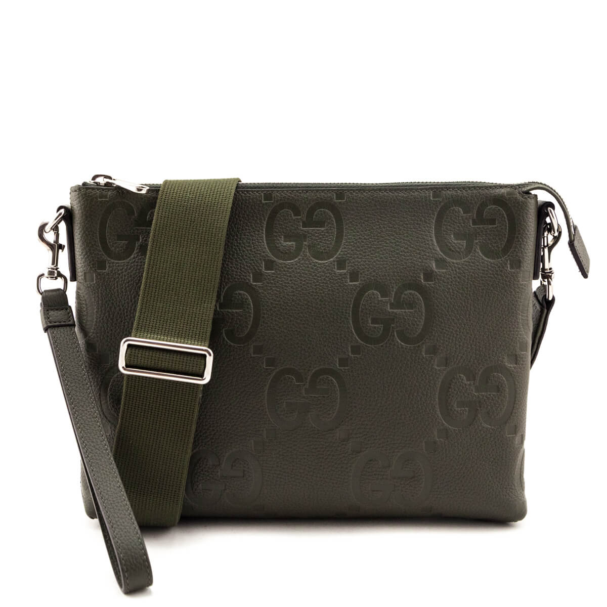 Gucci Dark Green Piuma Calfskin Jumbo GG Embossed Medium Wristlet Messenger Bag - Love that Bag etc - Preowned Authentic Designer Handbags & Preloved Fashions