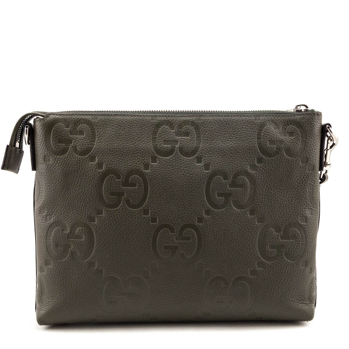 Gucci Dark Green Piuma Calfskin Jumbo GG Embossed Medium Wristlet Messenger Bag - Love that Bag etc - Preowned Authentic Designer Handbags & Preloved Fashions