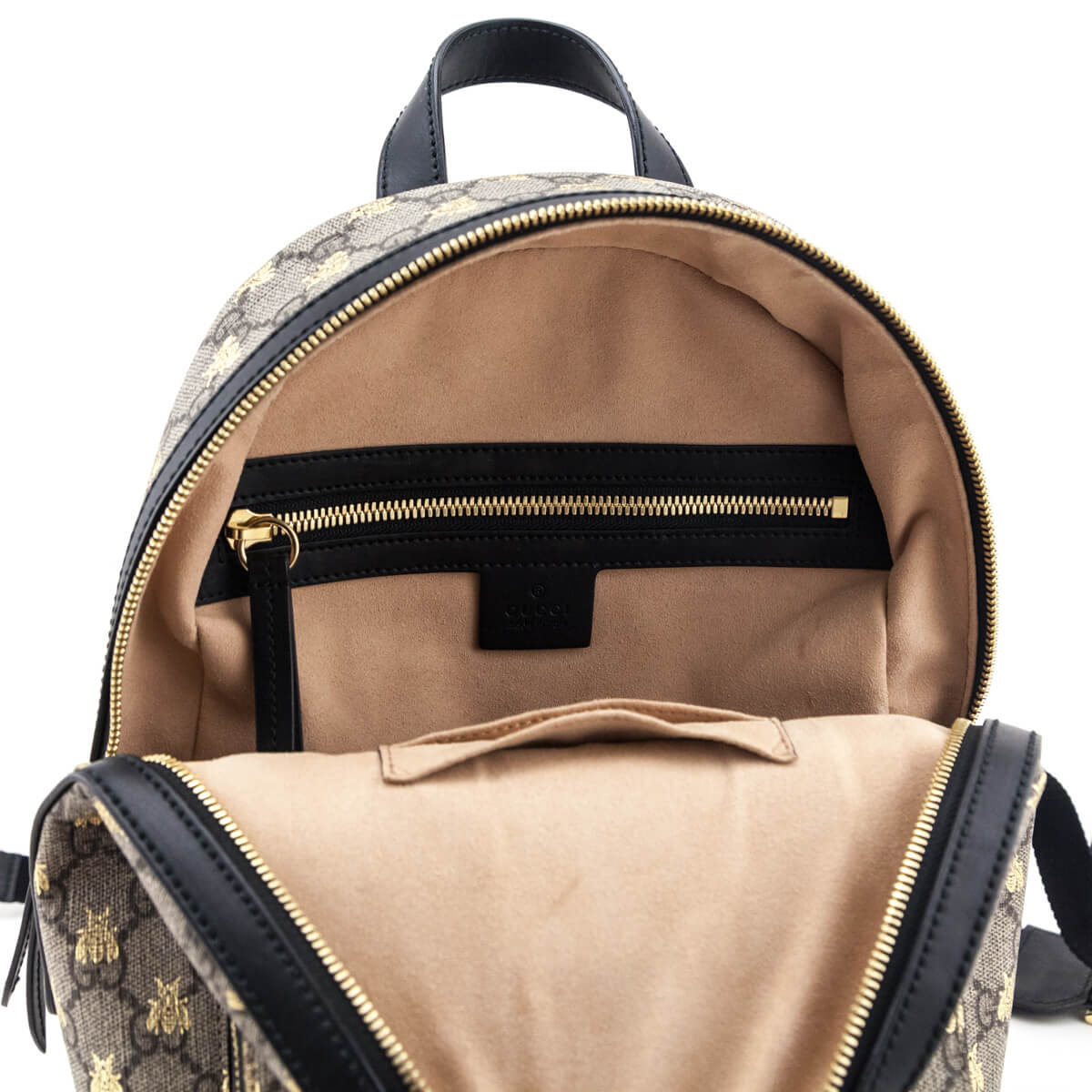 gucci mini backpack gold bees GG Supreme Monogram Print Small Day Beige Oro Black 1866858 FASHIONPHILE around main compartment Sold at Auction: Gucci GG