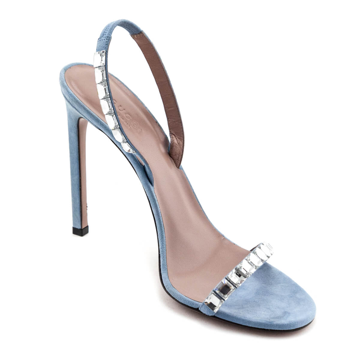 Gucci Light Blue Kid Scamosciato Crystal Ankle Slingback Sandals Size US  9.5 | EU 39.5