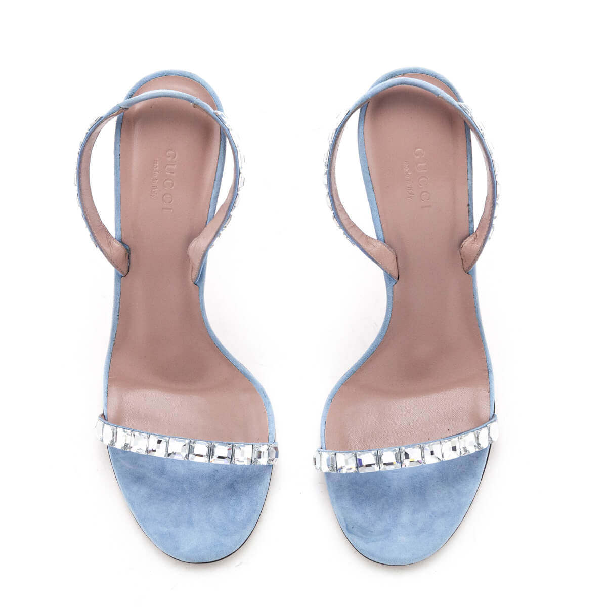 Gucci Light Blue Kid Scamosciato Crystal Ankle Slingback Sandals Size US  9.5 | EU 39.5