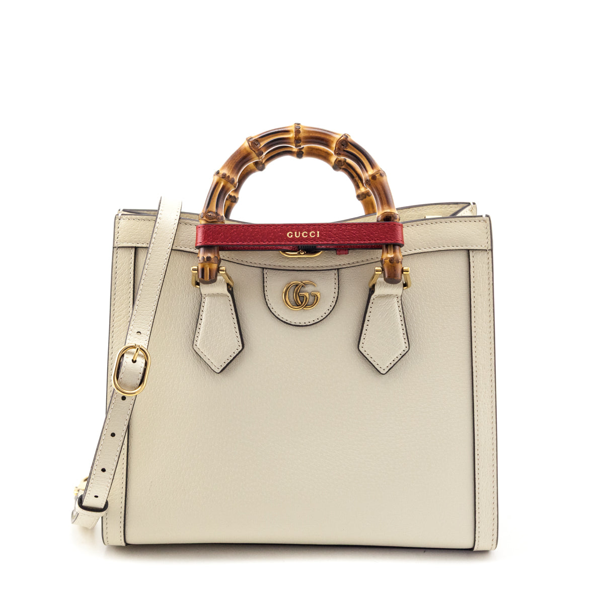 Gucci Mystic White Textured Dollar Calfskin Web Medium Diana Tote Bag - Love that Bag etc - Preowned Authentic Designer Handbags & Preloved Fashions