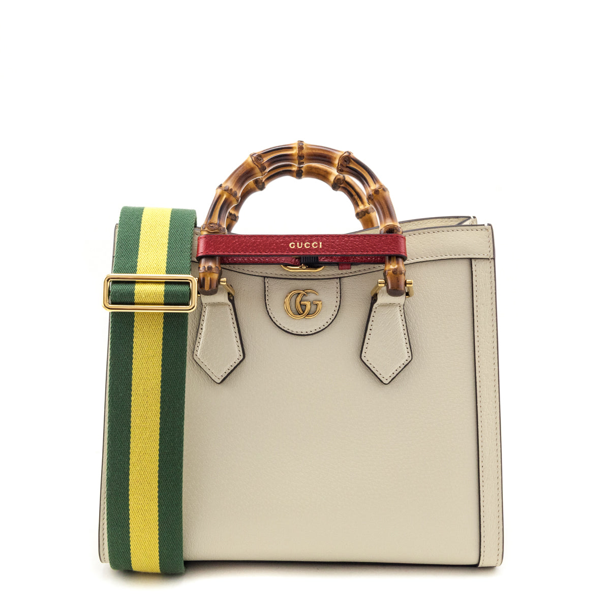 Gucci Mystic White Textured Dollar Calfskin Web Medium Diana Tote Bag - Love that Bag etc - Preowned Authentic Designer Handbags & Preloved Fashions