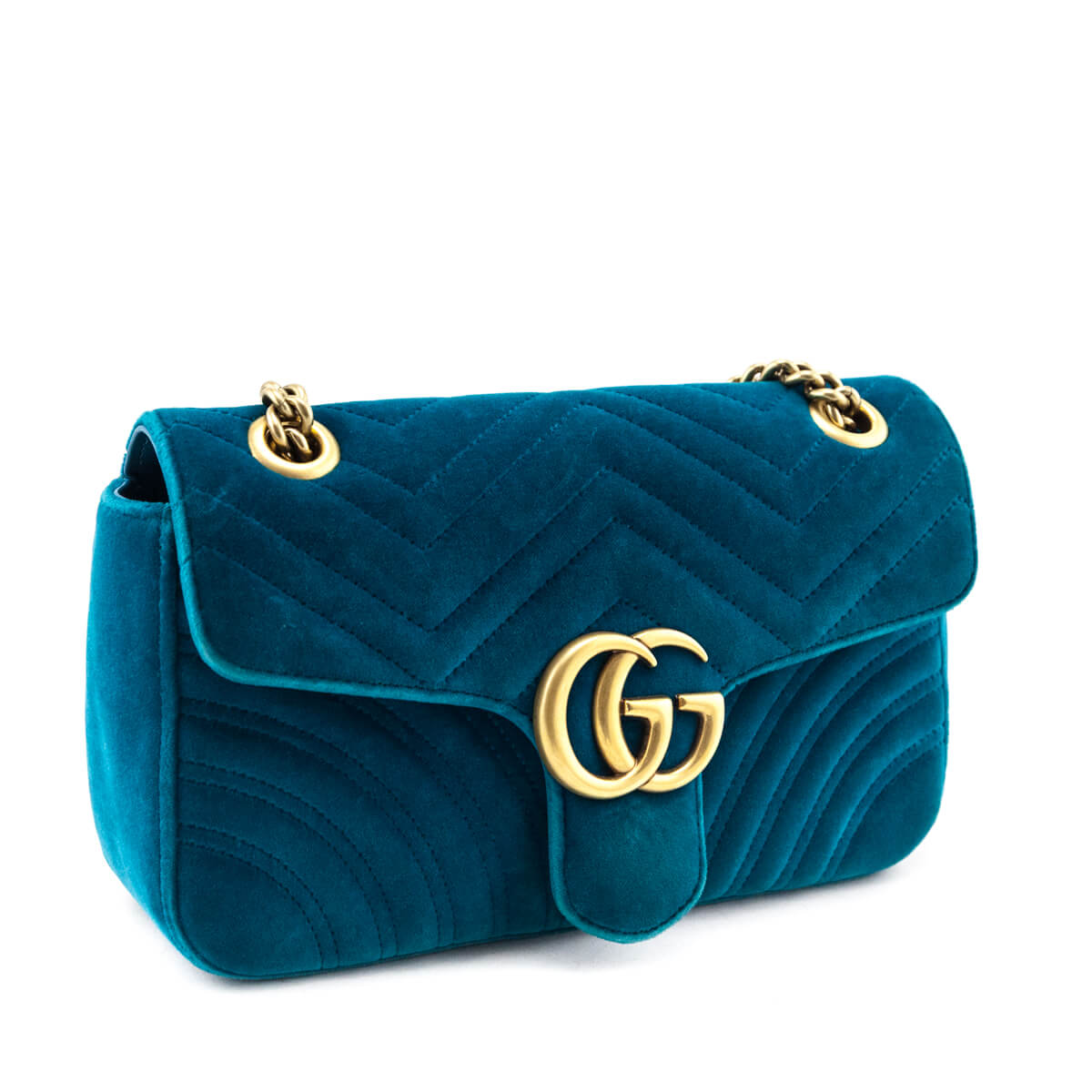 Gucci Teal Velvet Matelasse Small GG Marmont Shoulder Bag