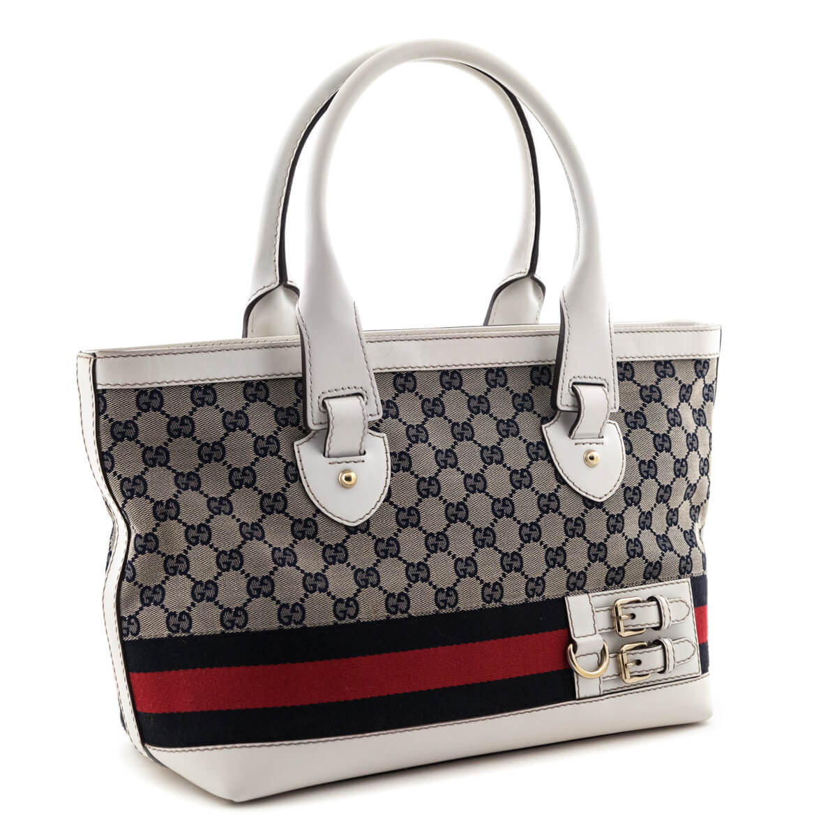 Gucci White & Navy Monogram Web Tote - Love that Bag etc - Preowned Authentic Designer Handbags & Preloved Fashions