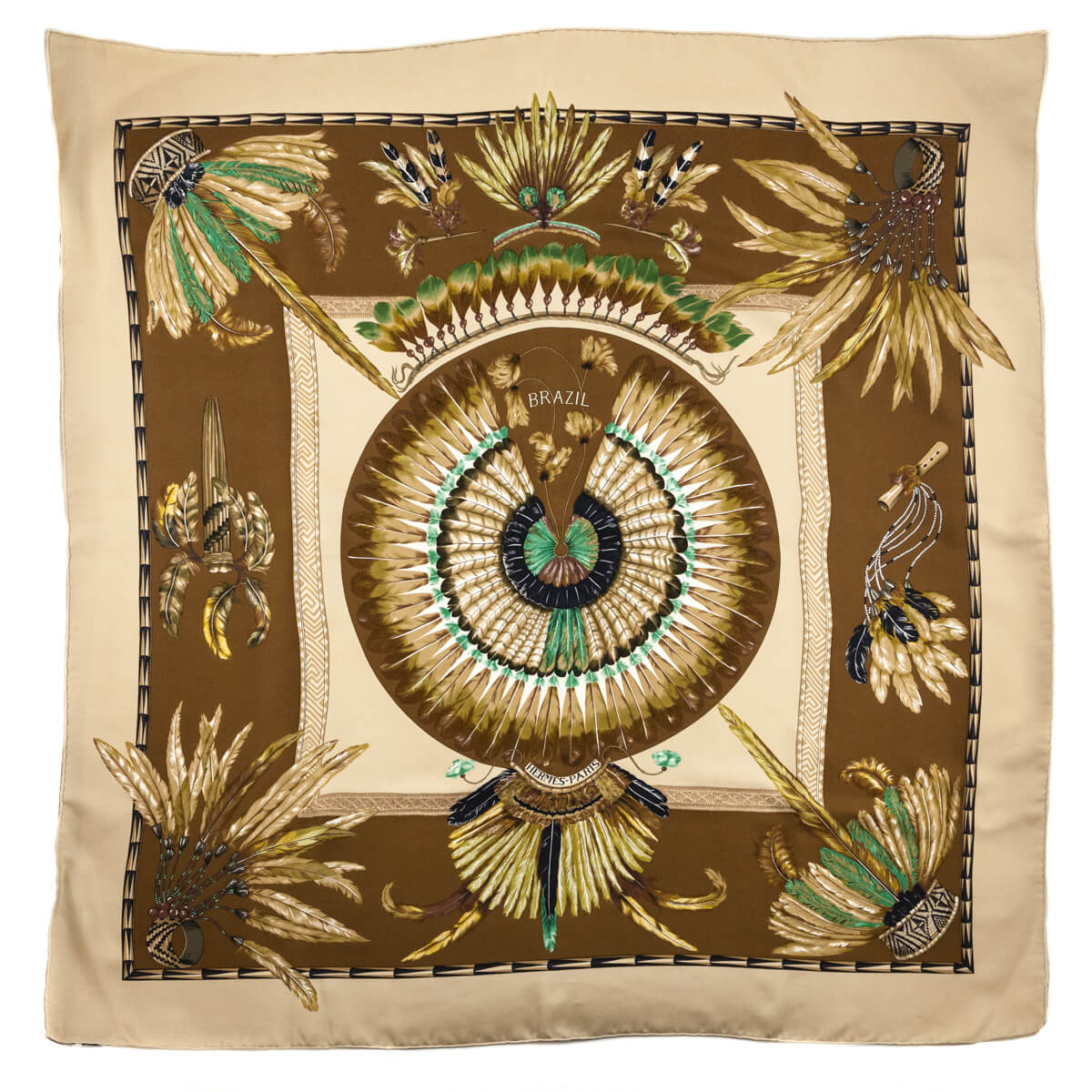 Hermes Beige & Brown Brazil Silk Scarf 90 - Love that Bag etc - Preowned Authentic Designer Handbags & Preloved Fashions