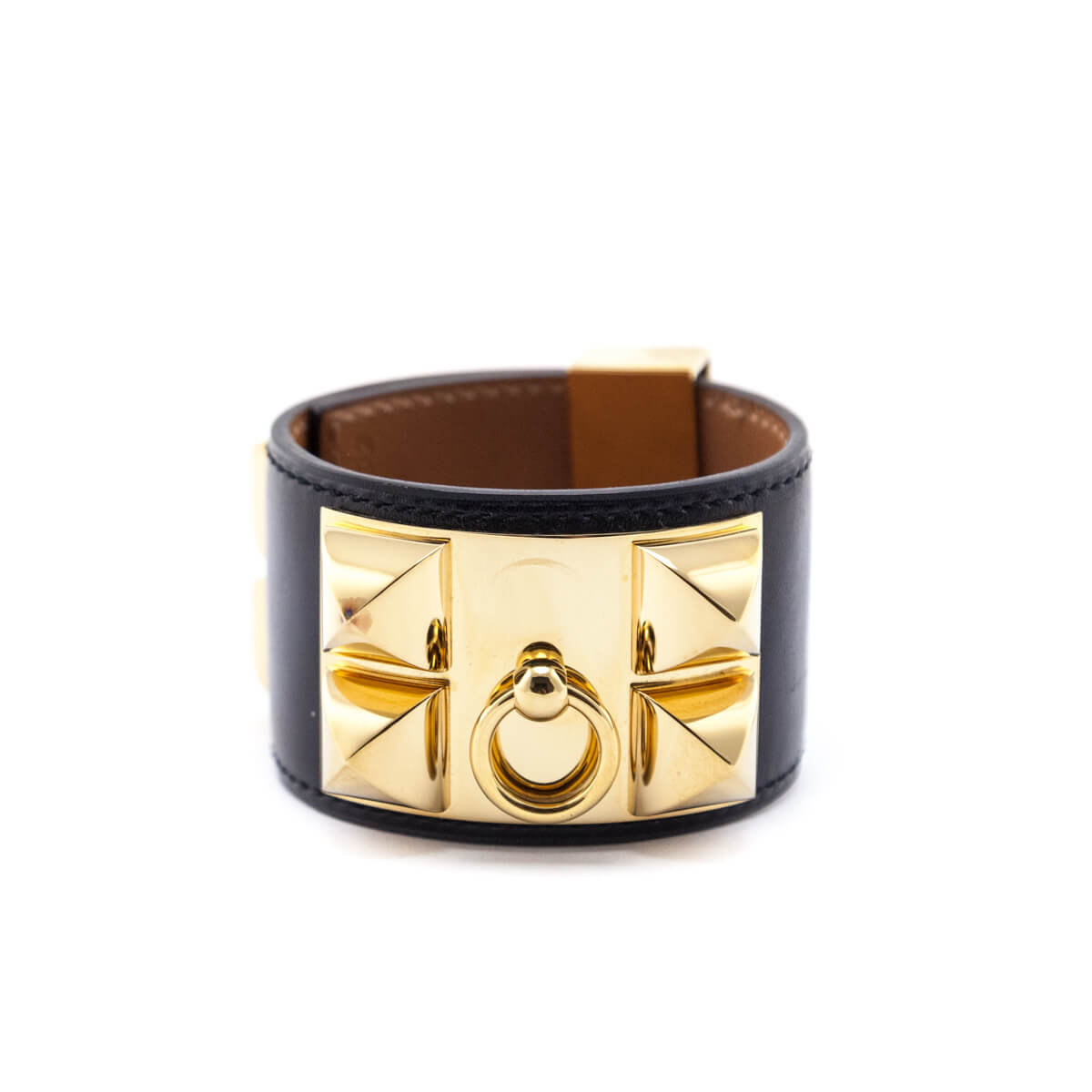 Hermes Black Leather Gold Plated Open Cuff Bracelet Hermes | TLC