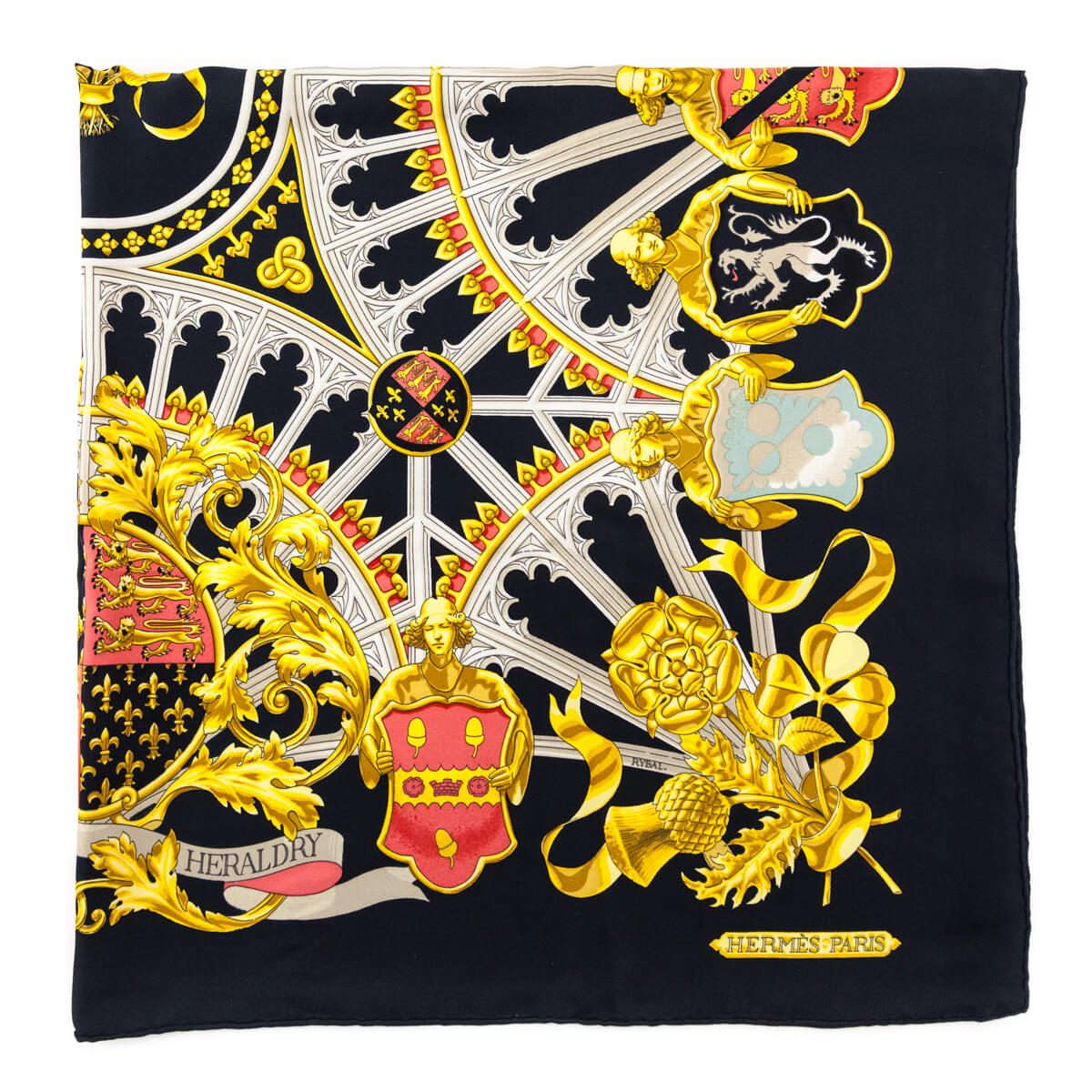 Hermes Black & Gold Silk British Herarldry Scarf 90 - Love that Bag etc - Preowned Authentic Designer Handbags & Preloved Fashions