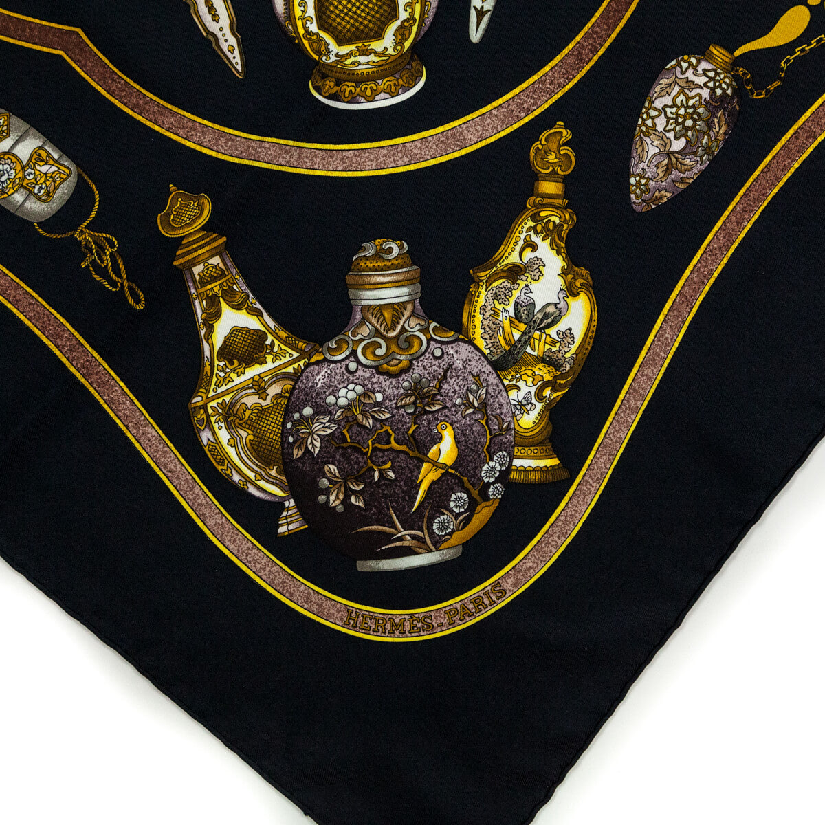 Hermes Black & Gold Silk Qu'importe Le Flacon Scarf 90 - Love that Bag etc - Preowned Authentic Designer Handbags & Preloved Fashions