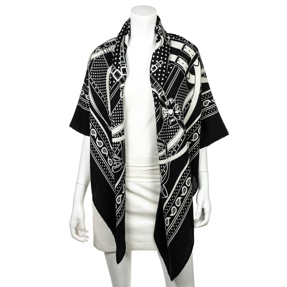 Hermes Black White Grand Manege Cashmere Shawl 140 Hermes