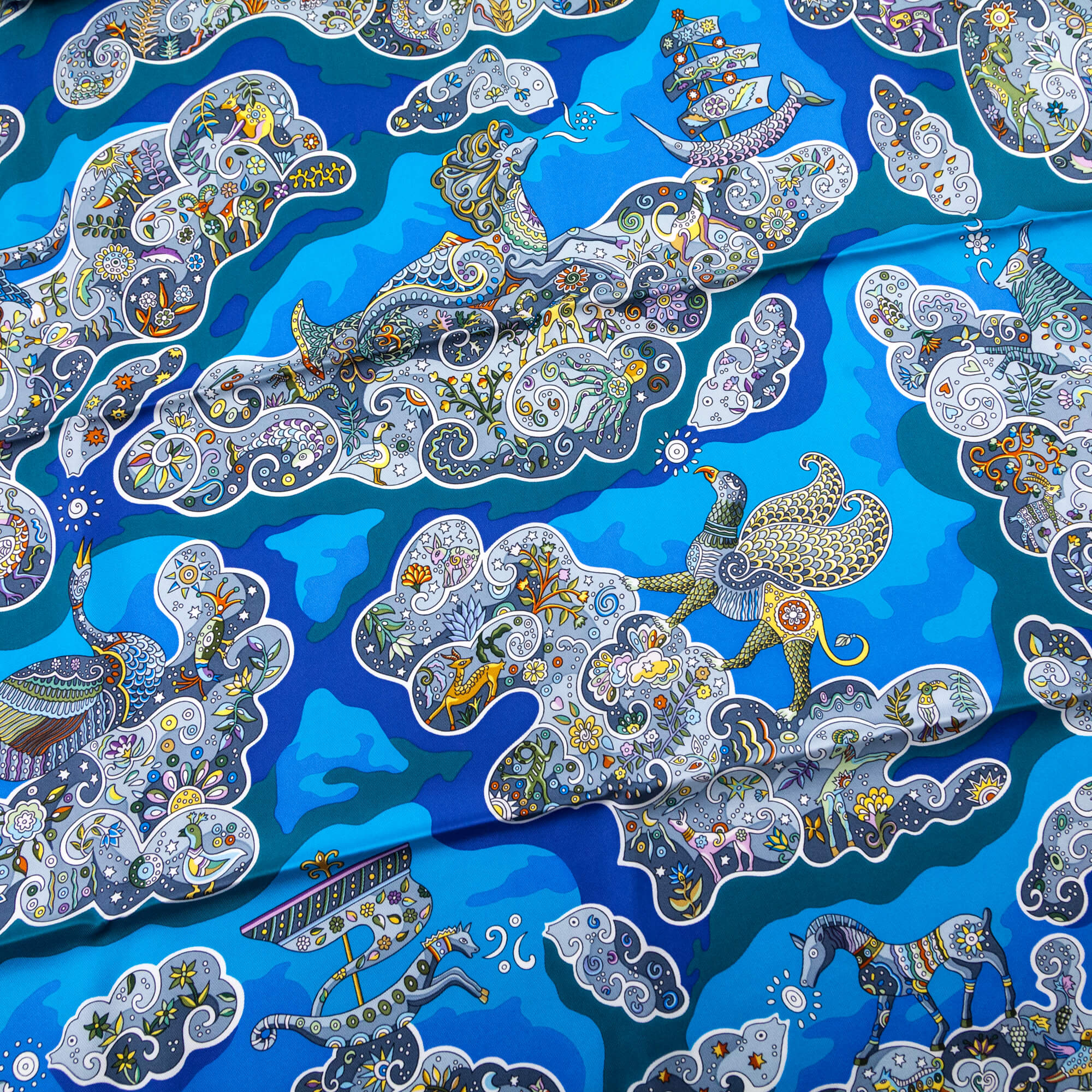 Hermes Blue Silk Nuees Imaginaires Scarf 90