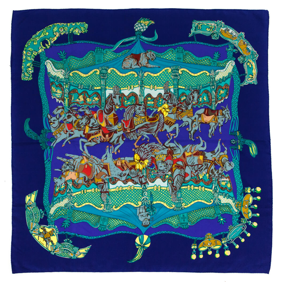 Hermes Blue Silk Tournez Manege Scarf 90 - Love that Bag etc - Preowned Authentic Designer Handbags & Preloved Fashions
