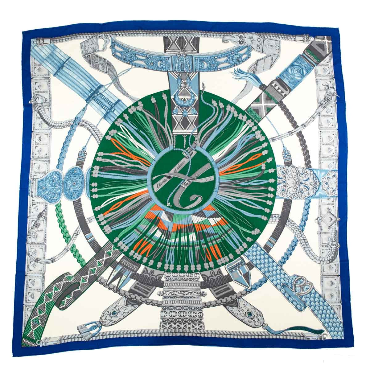 Hermes Blue & Green Cashmere Ceintures et Liens Shawl 140 - Love that Bag etc - Preowned Authentic Designer Handbags & Preloved Fashions