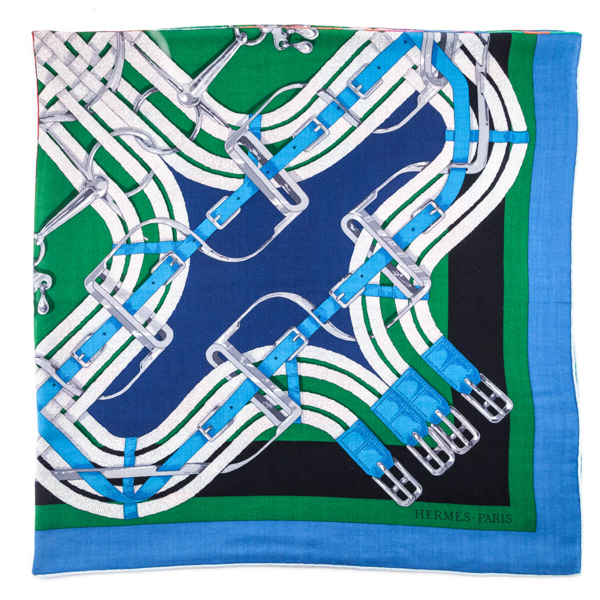 Hermes Blue & Green Grand Manege a Jouets Cashmere Shawl 140 - Love that Bag etc - Preowned Authentic Designer Handbags & Preloved Fashions