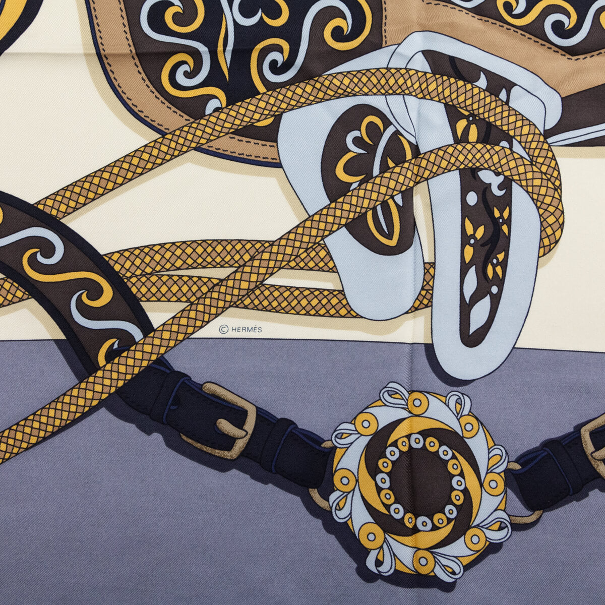 Hermes Gray & Gold Silk Festival D'Hermes Triangle Geant Scarf