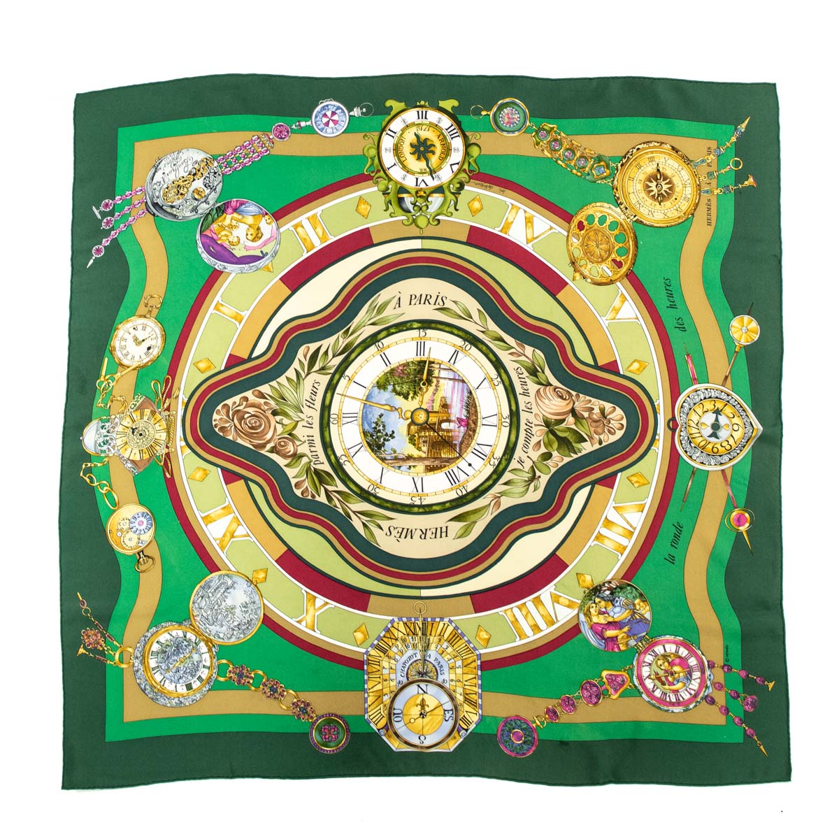 Hermes Green & Gold La Ronde Des Heures Silk Scarf - Love that Bag etc - Preowned Authentic Designer Handbags & Preloved Fashions