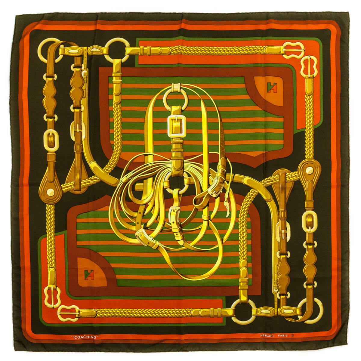 Hermes Khaki & Rust Silk Coaching Scarf 90 - Love that Bag etc - Preowned Authentic Designer Handbags & Preloved Fashions