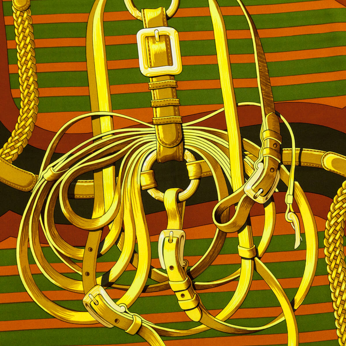 Hermes Khaki & Rust Silk Coaching Scarf 90 - Love that Bag etc - Preowned Authentic Designer Handbags & Preloved Fashions