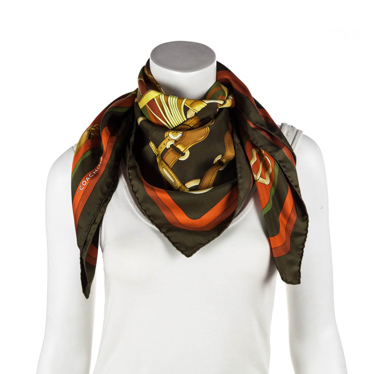 Hermes Khaki & Rust Silk Coaching Scarf 90 - Love that Bag etc - Preowned Authentic Designer Handbags & Preloved Fashions