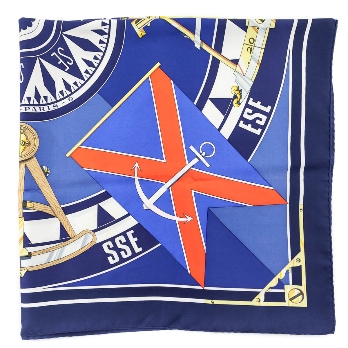 Hermes Navy Sextants Silk Scarf 90