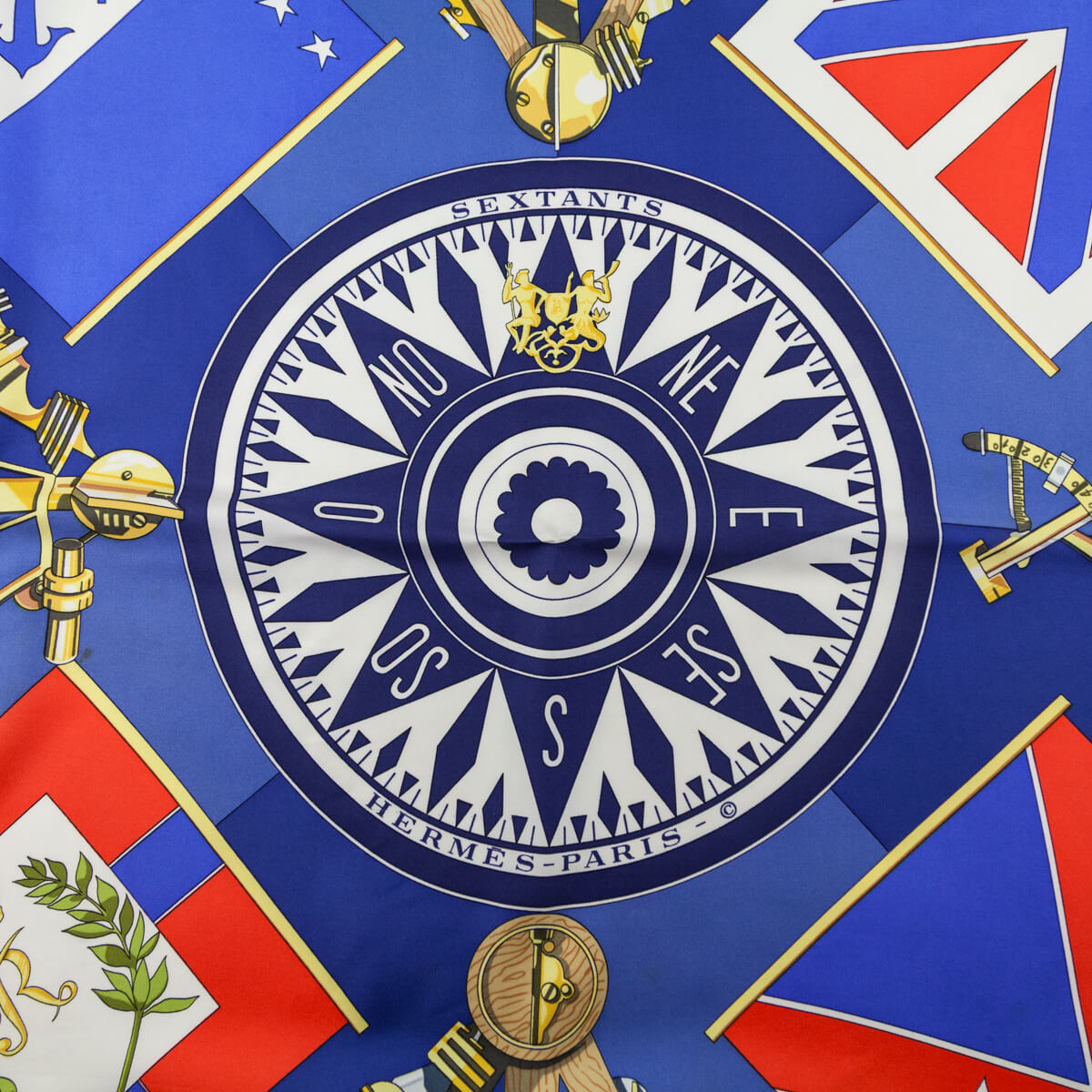 Hermes Navy Sextants Silk Scarf 90