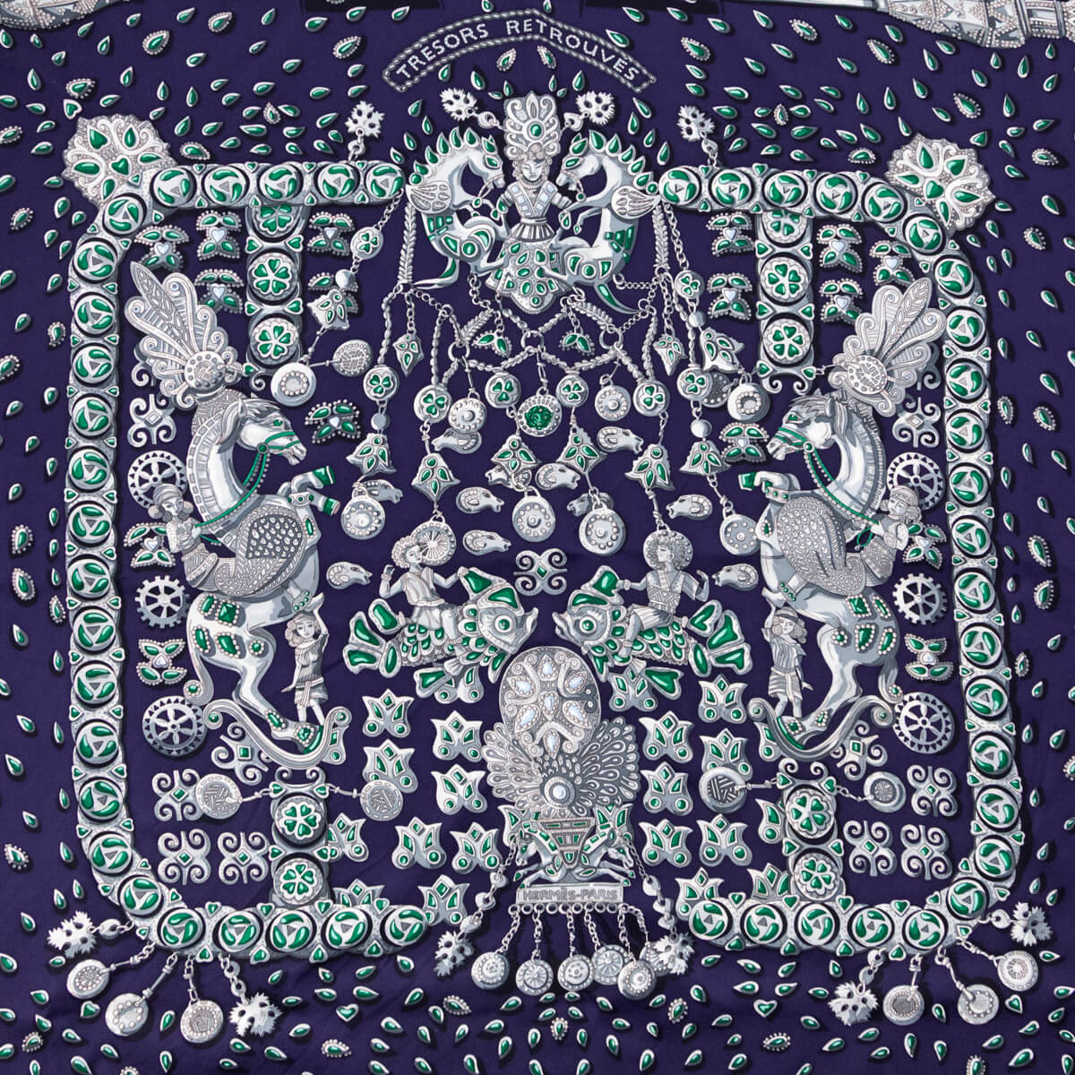 Hermes Navy & Green Silk Tresors Retrouves Scarf 90 - Love that Bag etc - Preowned Authentic Designer Handbags & Preloved Fashions