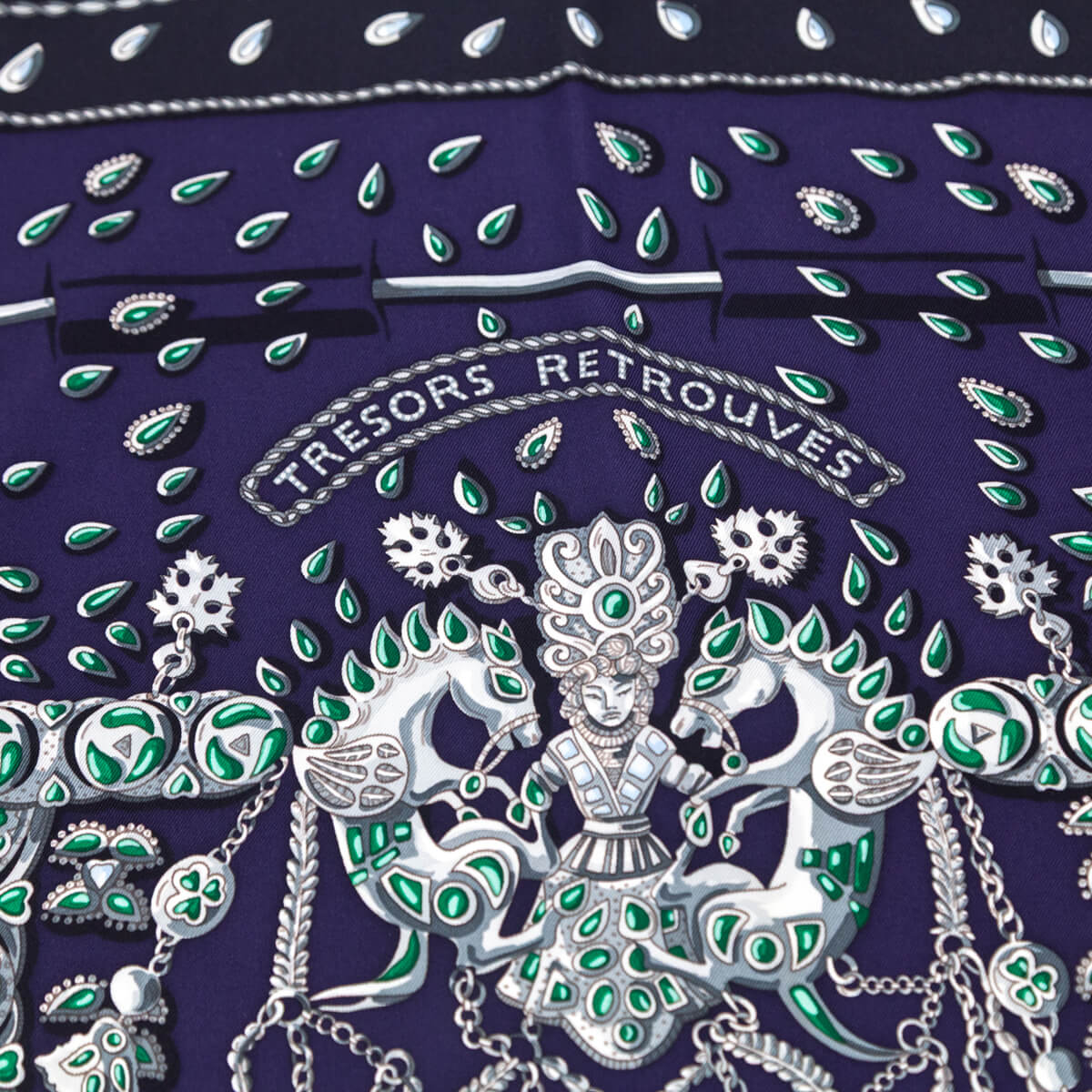 Hermes Navy & Green Silk Tresors Retrouves Scarf 90 - Love that Bag etc - Preowned Authentic Designer Handbags & Preloved Fashions