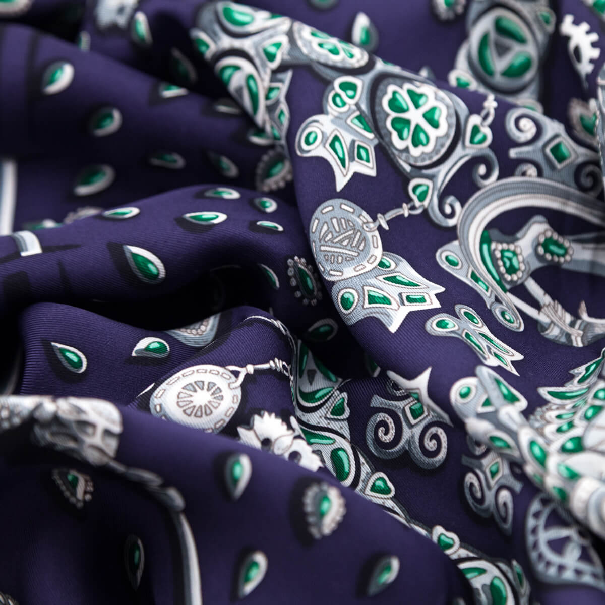 Hermes Navy & Green Silk Tresors Retrouves Scarf 90 - Love that Bag etc - Preowned Authentic Designer Handbags & Preloved Fashions
