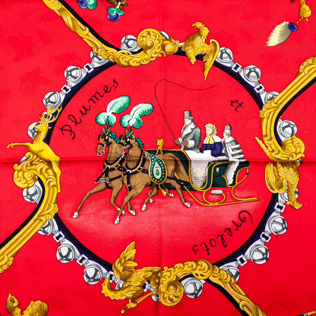 Hermes Navy & Red Plumes et Grelots Jacquard Silk Scarf 90 - Love that Bag etc - Preowned Authentic Designer Handbags & Preloved Fashions