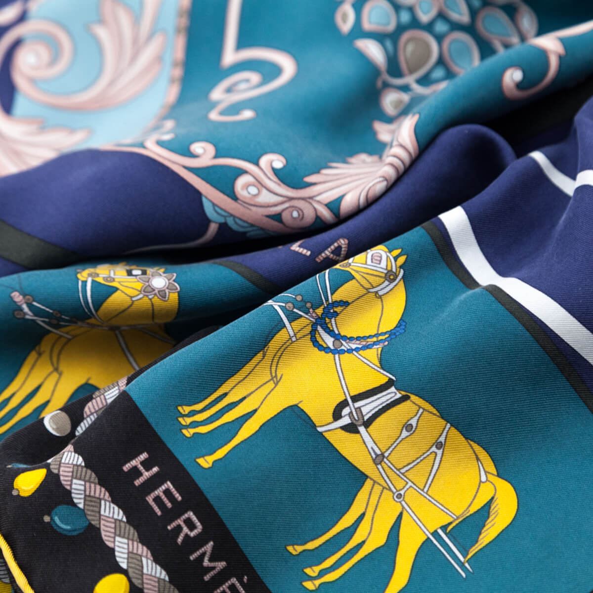 Hermes Navy & Yellow Silk Wash Coupe de Gala Scarf - Love that Bag etc - Preowned Authentic Designer Handbags & Preloved Fashions