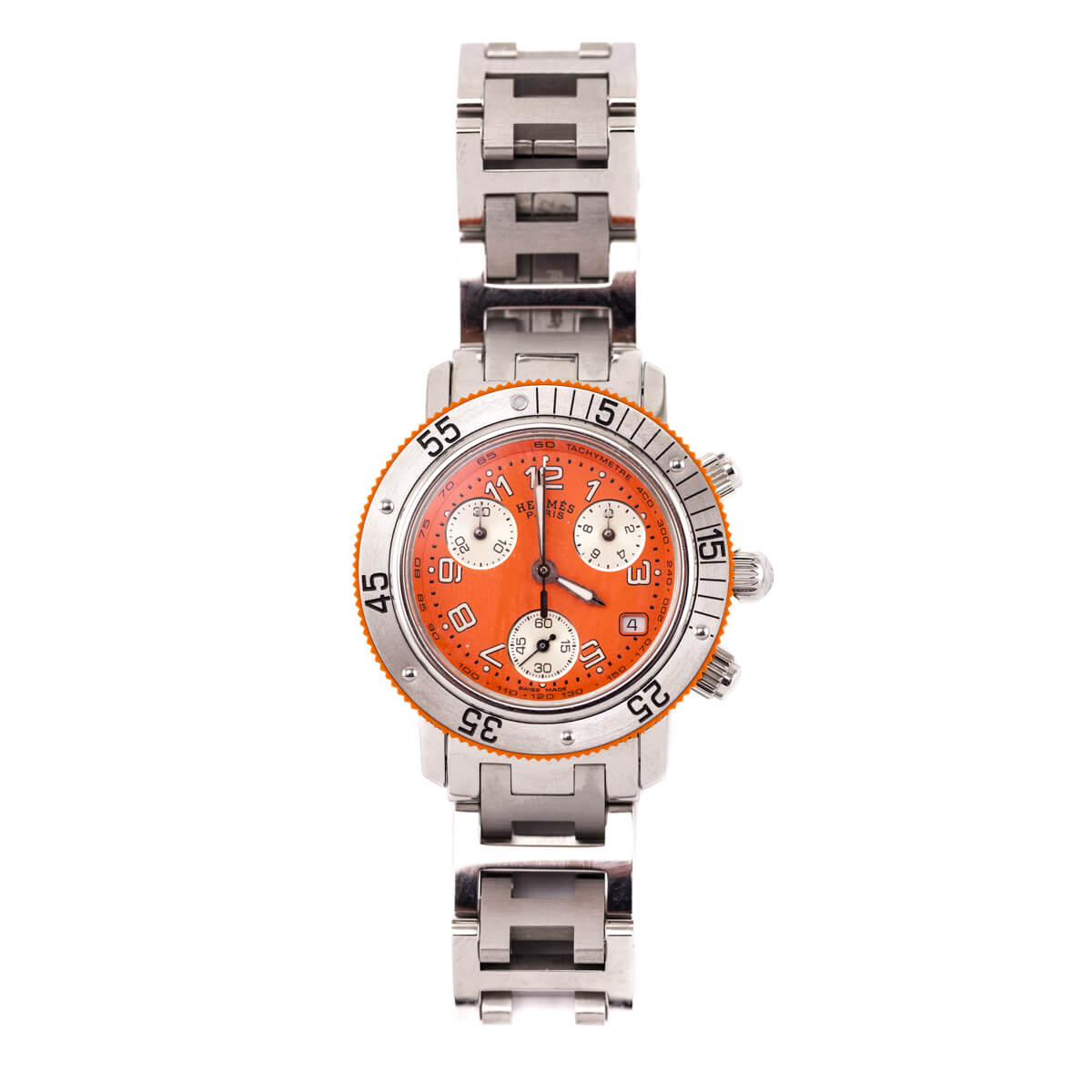 Hermes Orange Stainless Steel 33mm Clipper Chronograph CL2.316 Quartz Watch
