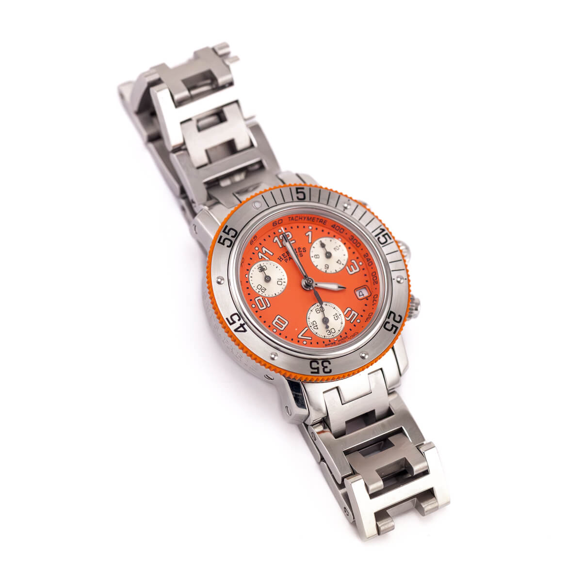 Hermes Orange Stainless Steel 33mm Clipper Chronograph CL2.316 Quartz Watch