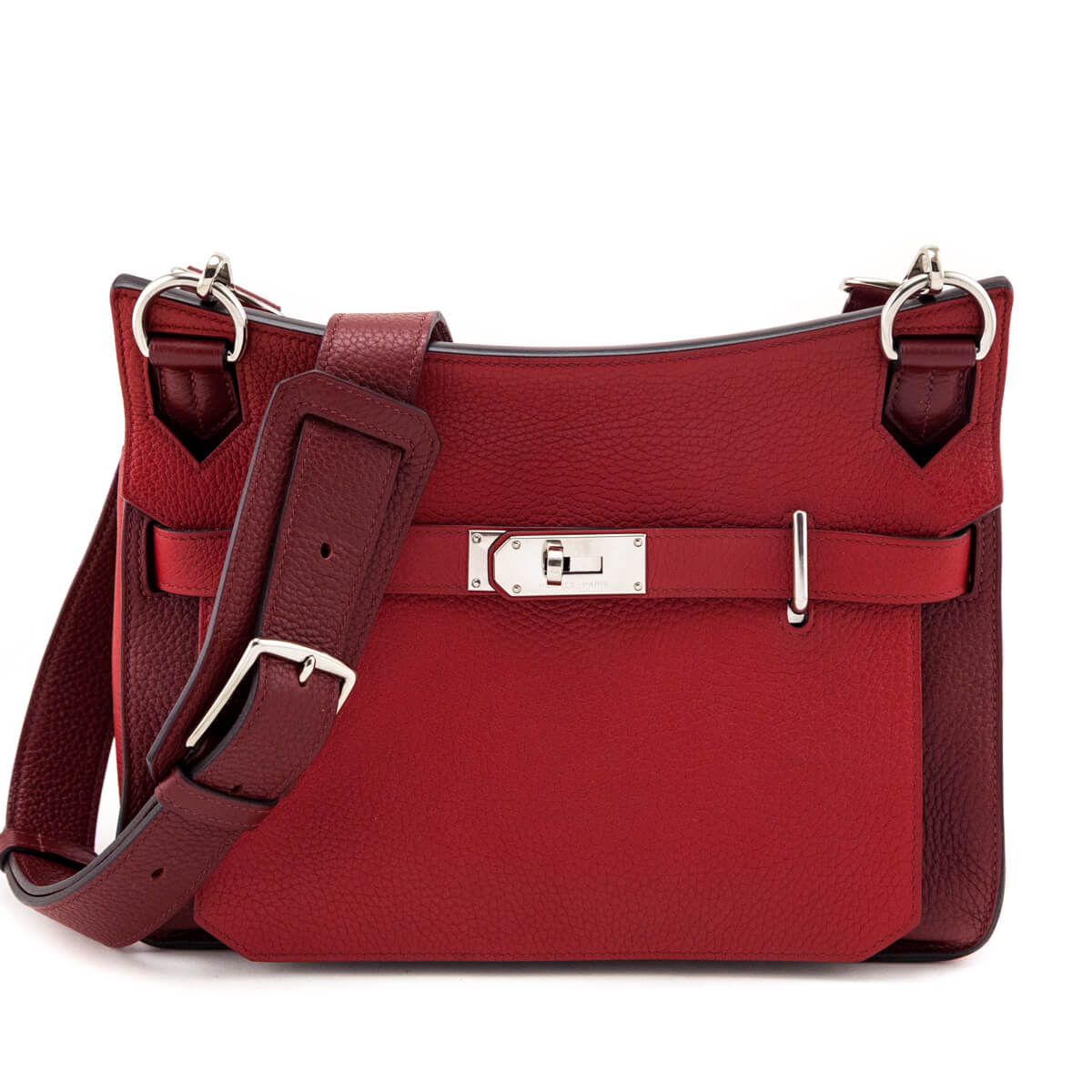Hermes Rouge H & Rouge Casaque Taurillon Clemence Bi-Color Jypsiere 28 - Love that Bag etc - Preowned Authentic Designer Handbags & Preloved Fashions