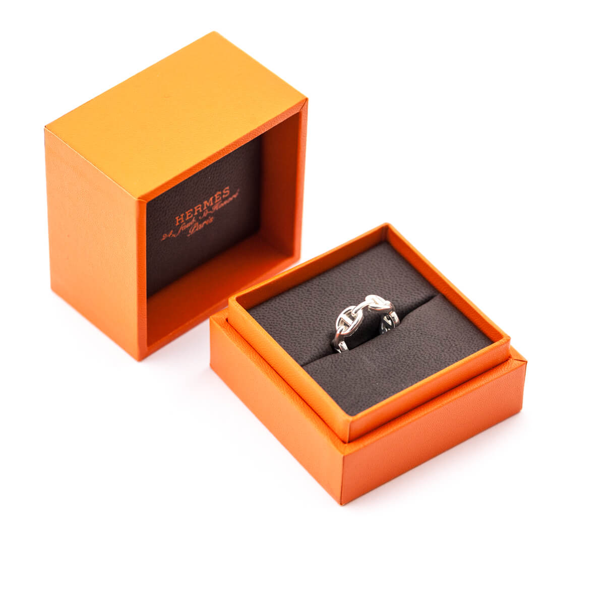 Hermes Sterling Silver Small Chaine d'Ancre Enchainee Ring Size 50