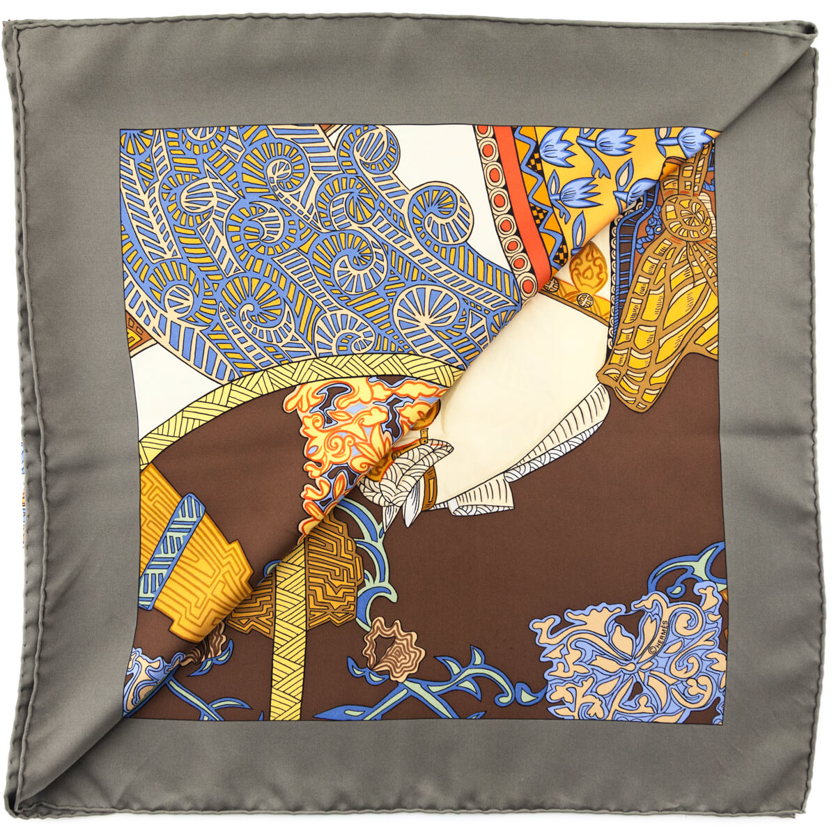 Hermes Taupe & Orange Arts des Steppes Silk Scarf 90