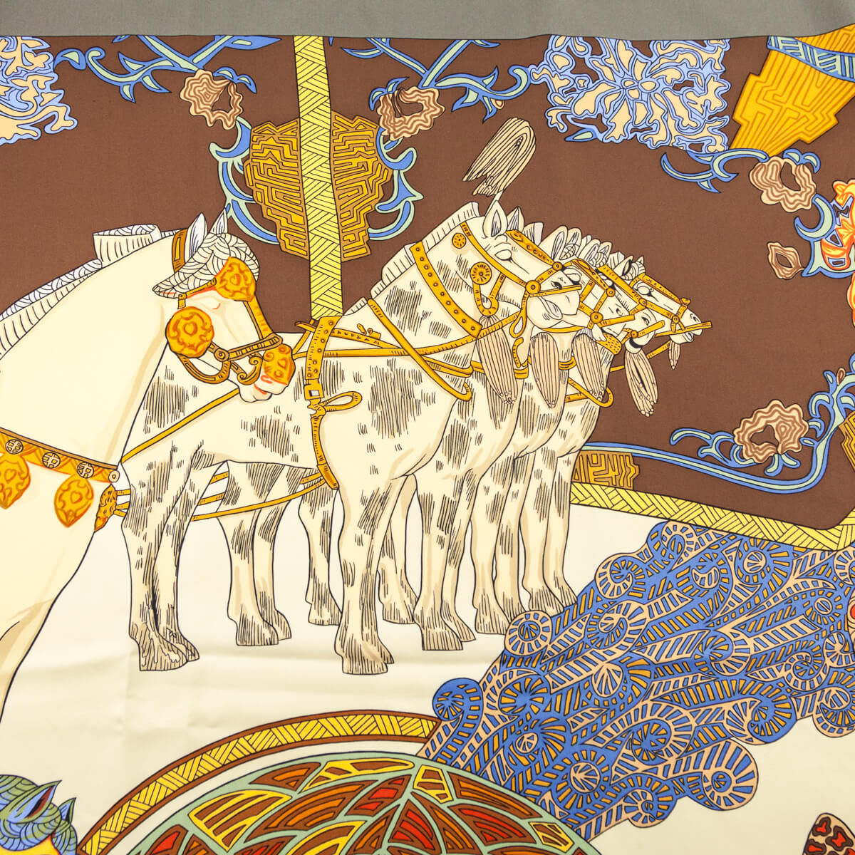 Hermes Taupe & Orange Arts des Steppes Silk Scarf 90