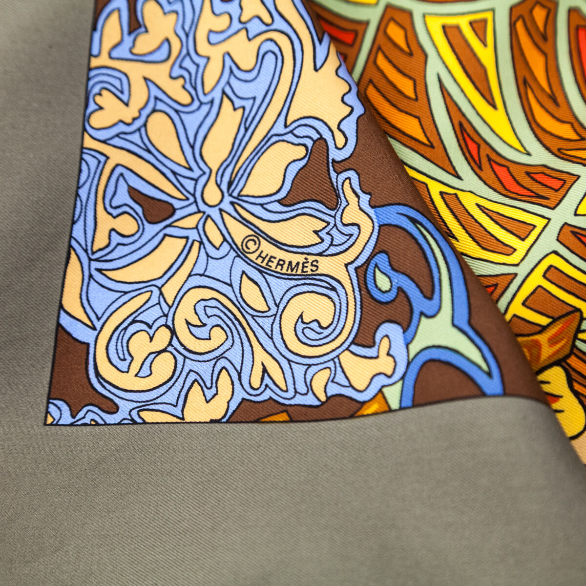 Hermes Taupe & Orange Arts des Steppes Silk Scarf 90