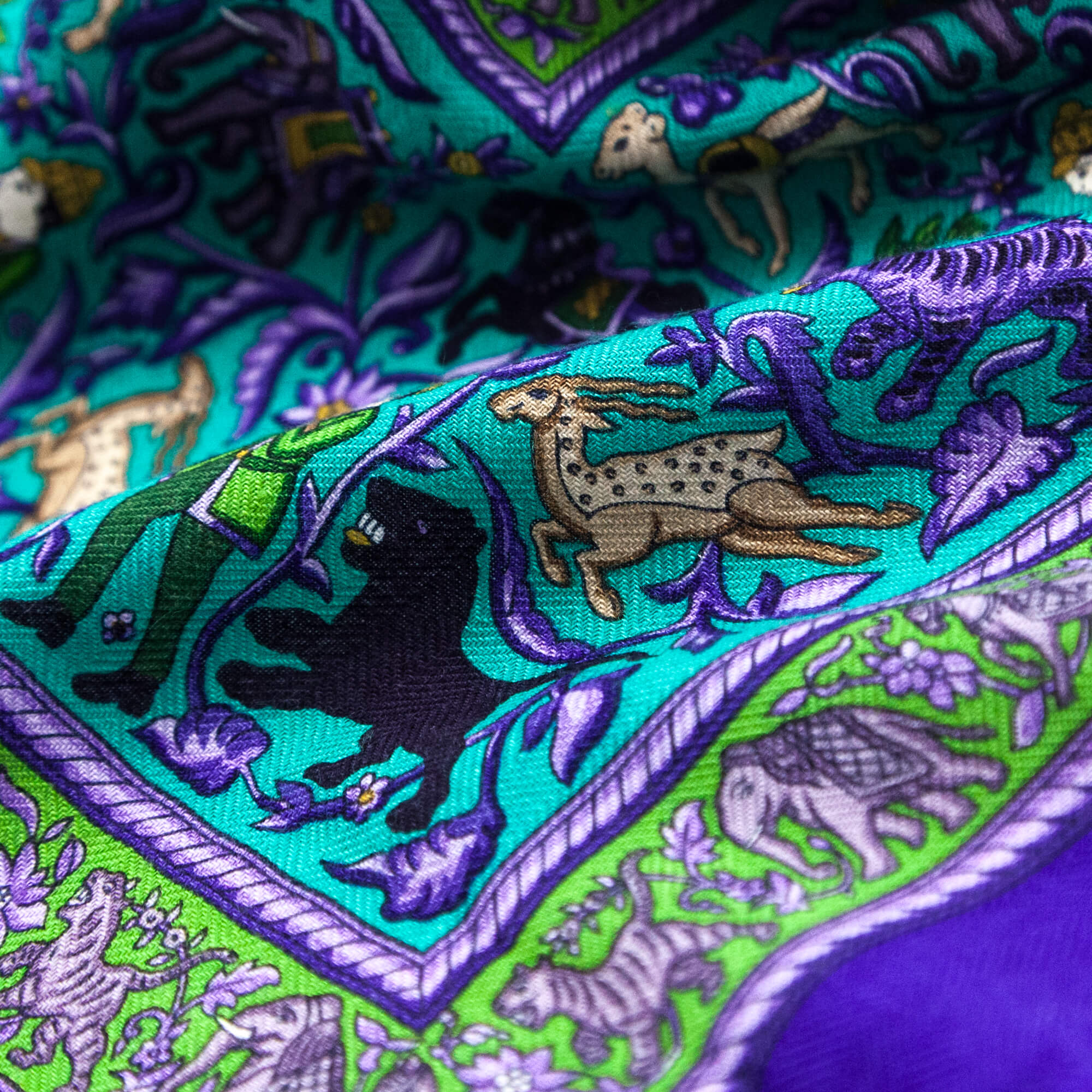 Hermes Violet & Emerald Cashmere & Silk Chasse En Inde Shawl 90