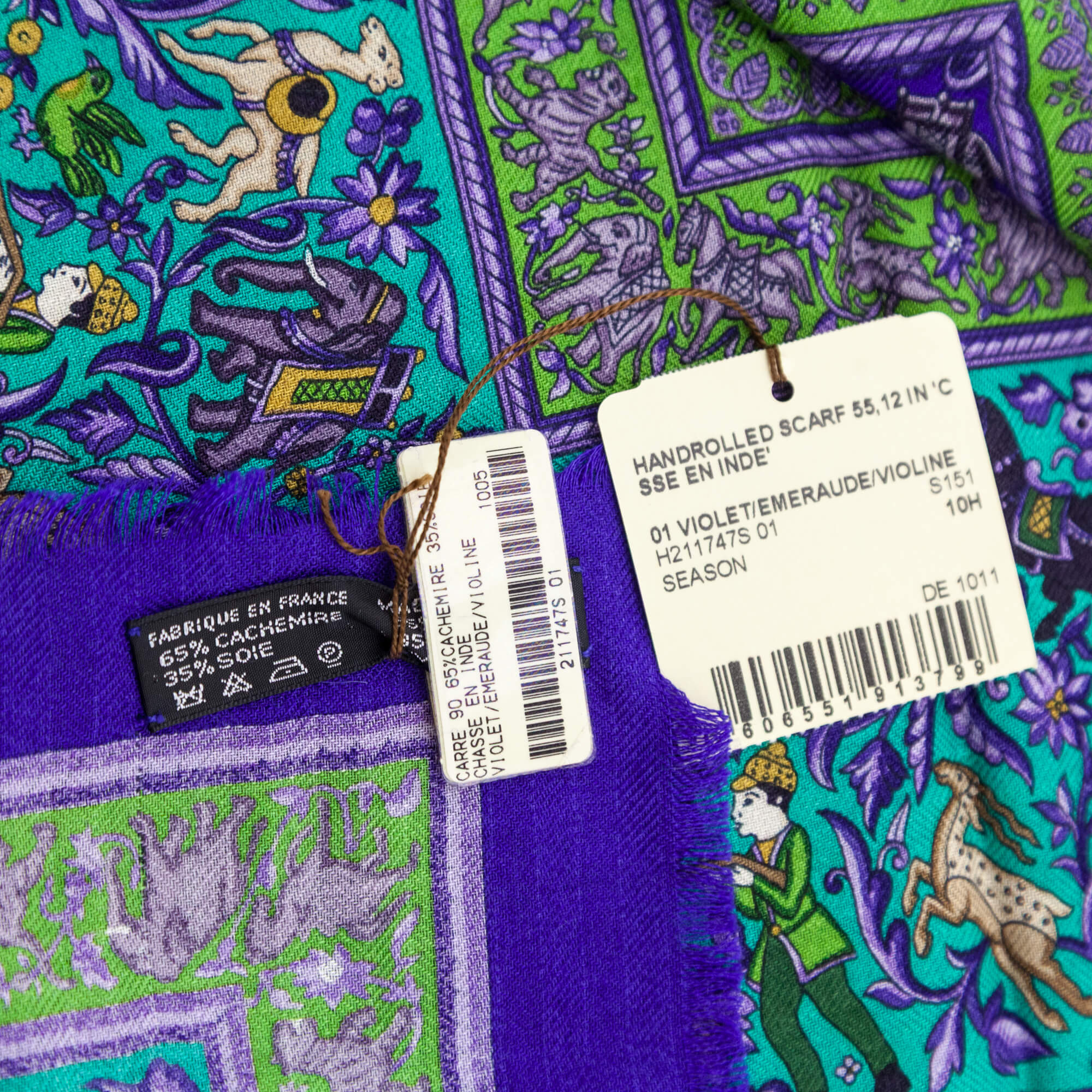 Hermes Violet & Emerald Cashmere & Silk Chasse En Inde Shawl 90