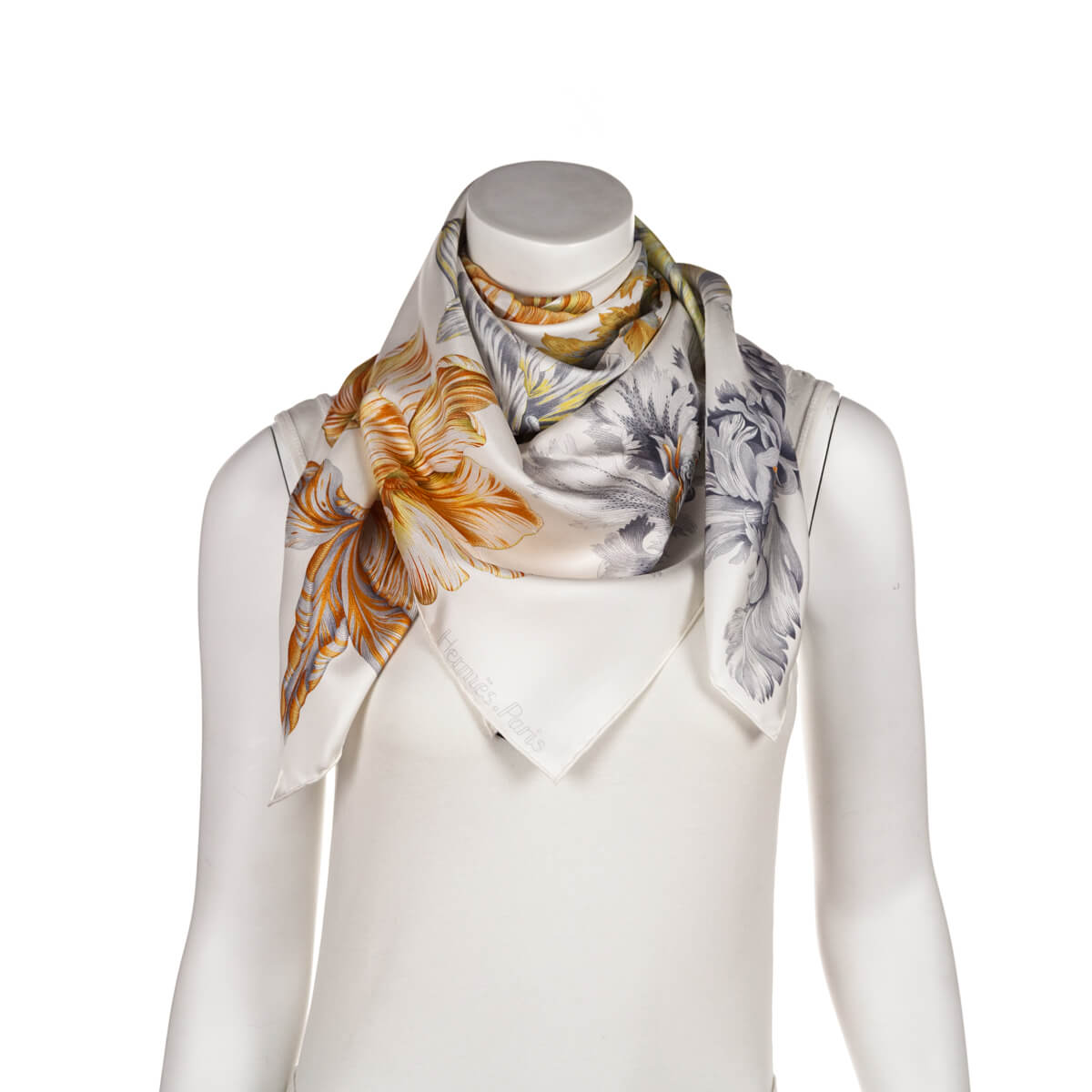 Hermes White & Orange Tulipomanie Silk Scarf 90 - Love that Bag etc - Preowned Authentic Designer Handbags & Preloved Fashions