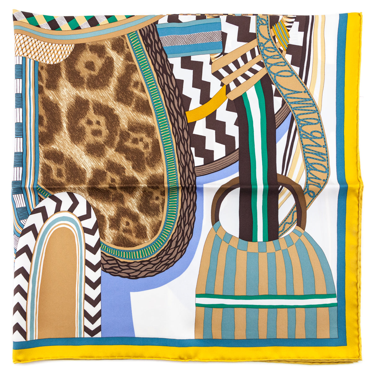 Hermes Yellow & Blue La Selle Imaginaire Silk Scarf 90