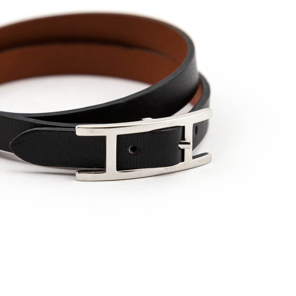 Hermes Black & Brown Chamonix & Tadelakt Calfskin Reversible Behapi Double  Tour Bracelet Size M