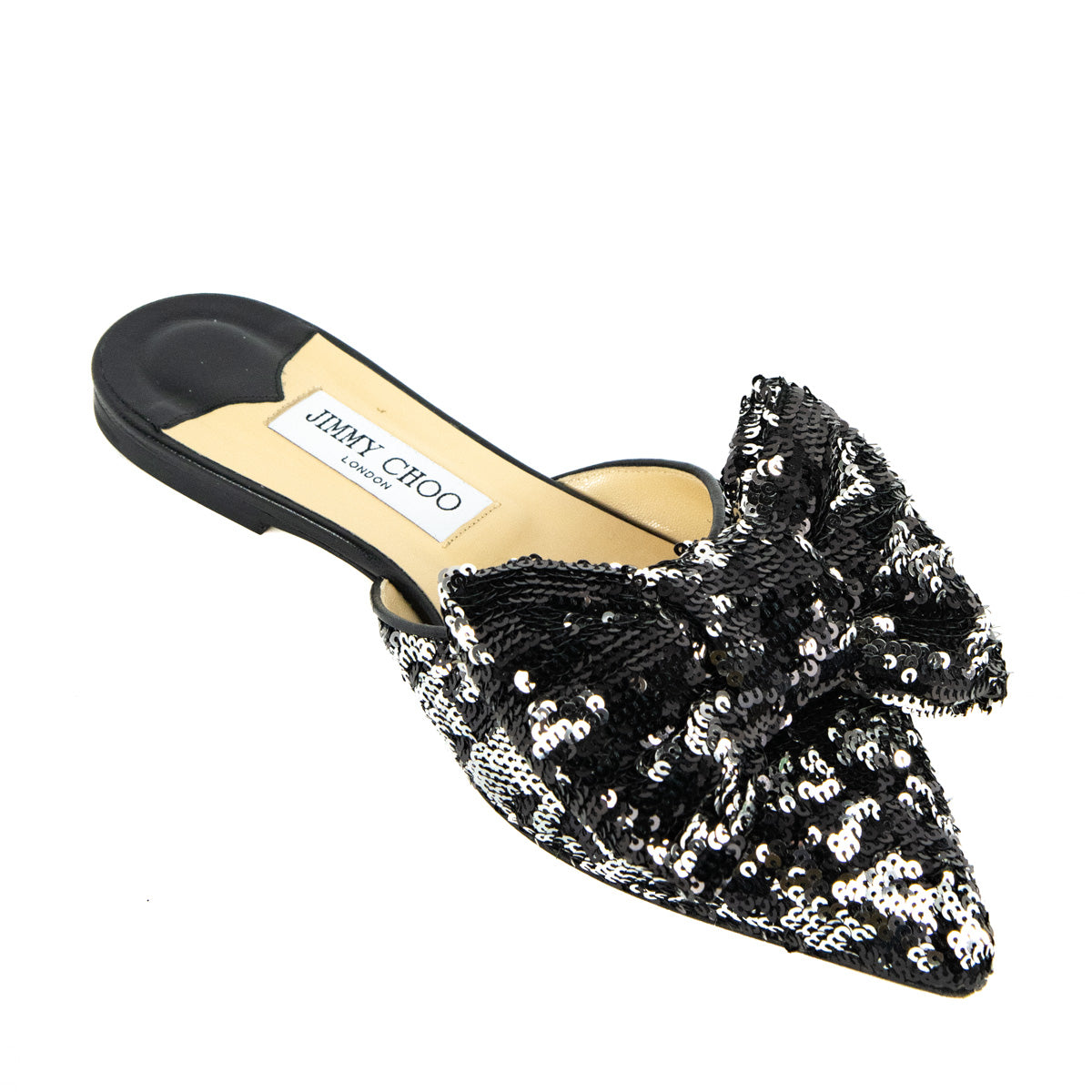 Jimmy Choo Black & Silver Sequin Bow Mules Size US 10 | EU 40 - Love that Bag etc - Preowned Authentic Designer Handbags & Preloved Fashions
