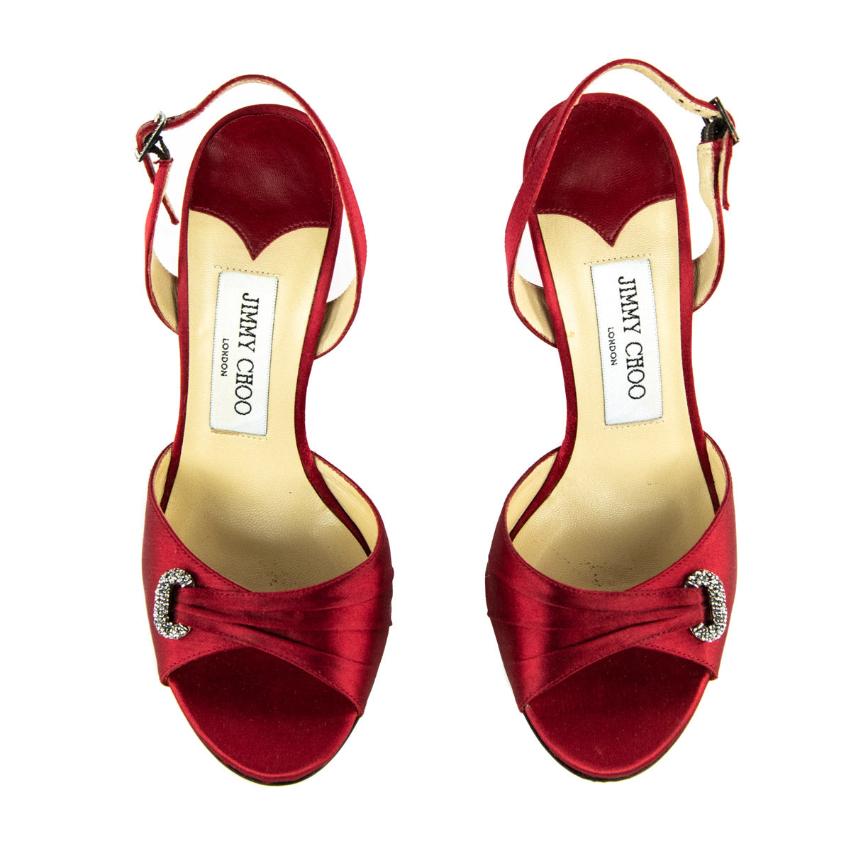 Jimmy Choo Red Satin Crystal Embellished Peep-Toe Pumps Size US 6 | EU 36 - Love that Bag etc - Preowned Authentic Designer Handbags & Preloved Fashions