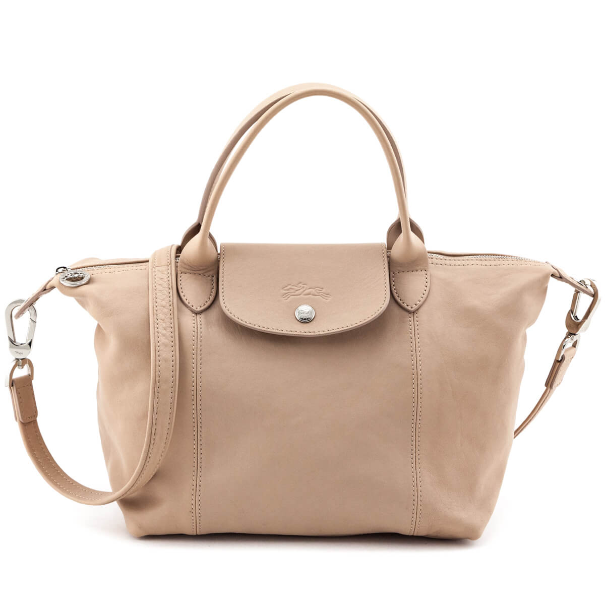 Longchamp Beige Calfskin Le Pliage Cuir Small Top Handle - Love that Bag etc - Preowned Authentic Designer Handbags & Preloved Fashions