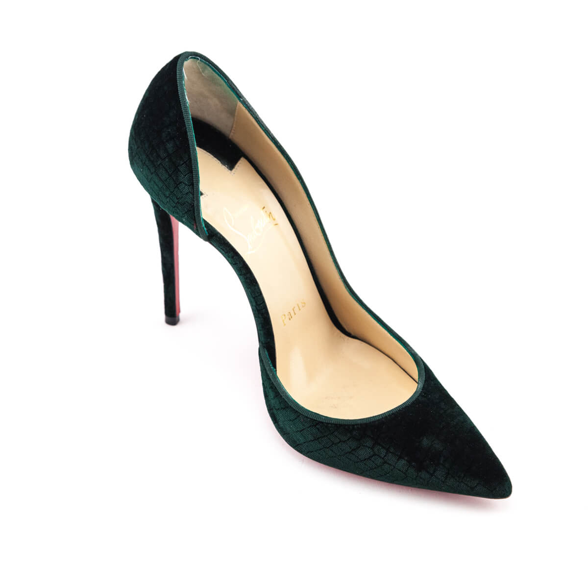 Christian Louboutin Green Velvet Snakeskin Print D'Orsay Pumps Size US 7 | EU 37 - Love that Bag etc - Preowned Authentic Designer Handbags & Preloved Fashions