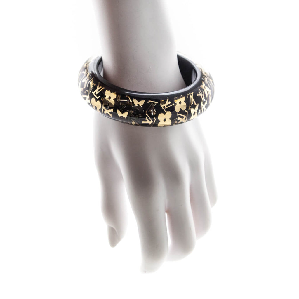 $600 Louis Vuitton Classic Inclusion Gold Logo Black Noir Resin Bracelet  Bangle GM - Lust4Labels