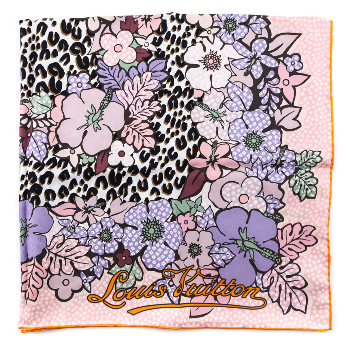 Louis Vuitton Pink & Orange Floral and Leopard Silk Scarf
