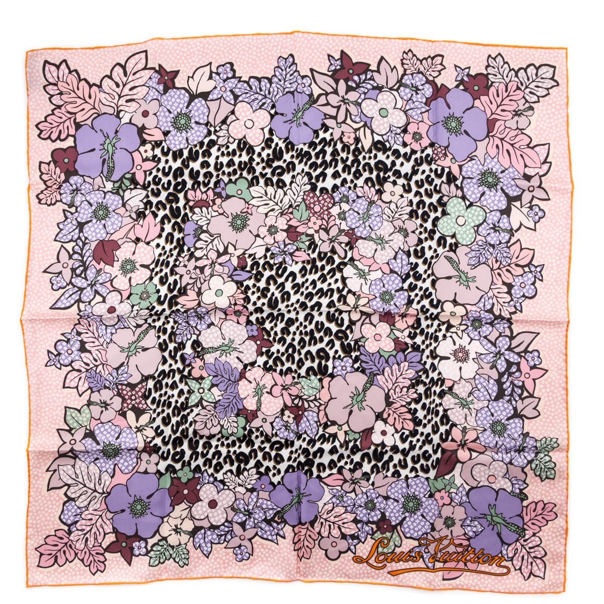 Louis Vuitton Pink & Orange Floral and Leopard Silk Scarf