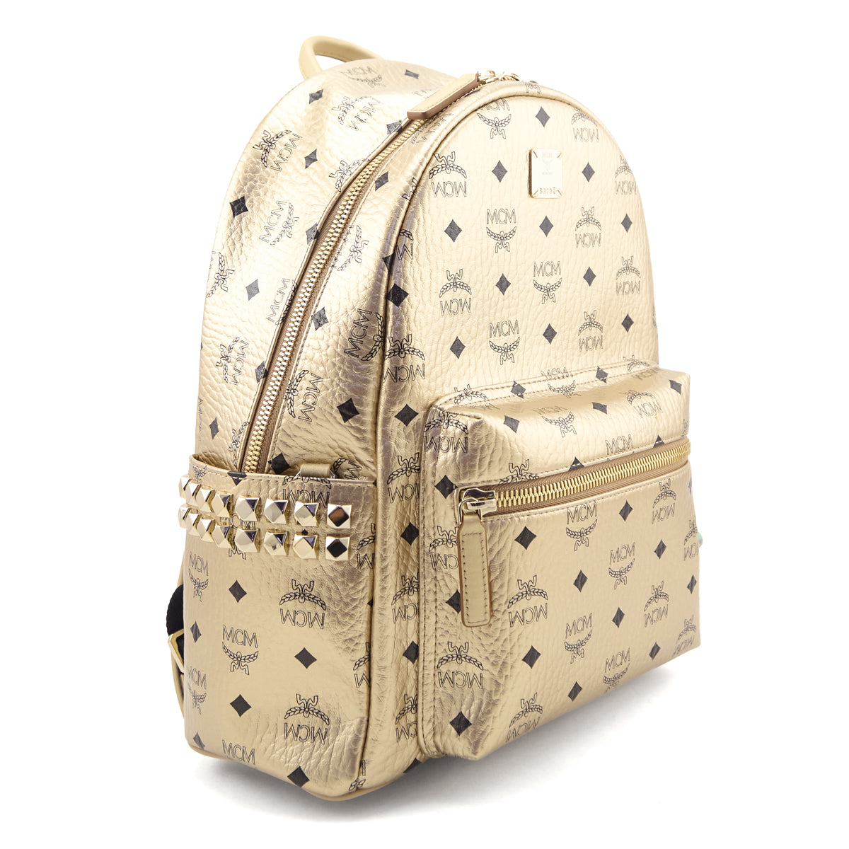 MCM Gold Metallic Visetos Outline Stud Medium Stark Backpack - Love that Bag etc - Preowned Authentic Designer Handbags & Preloved Fashions